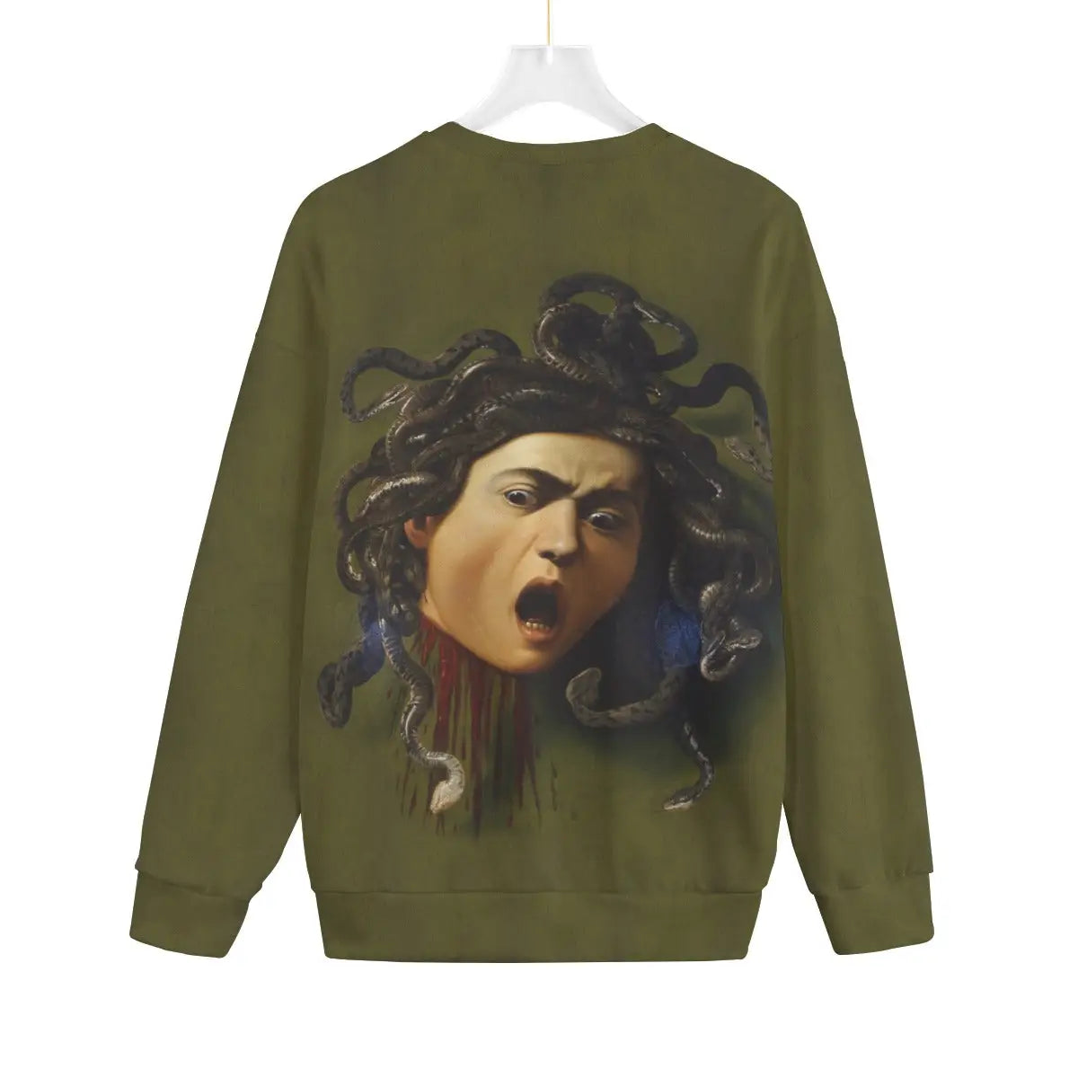 Back view of black Hacci Fleece sweater with Medusa by Caravaggio art print