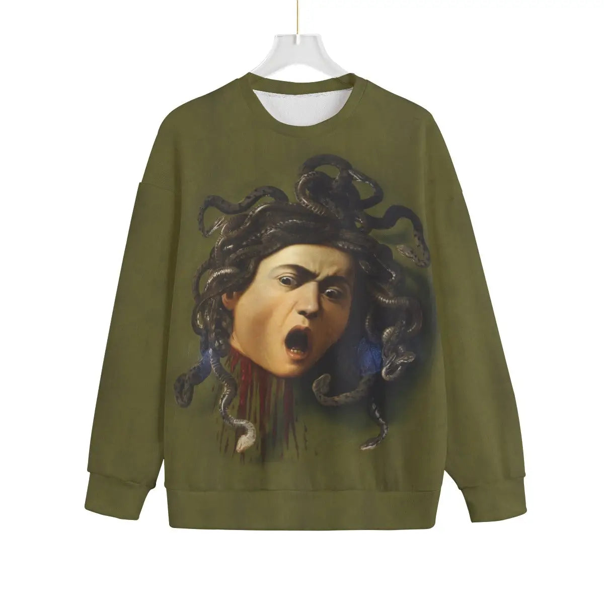 Front view of Medusa by Caravaggio Artistic Sweater showing detailed Medusa portrait