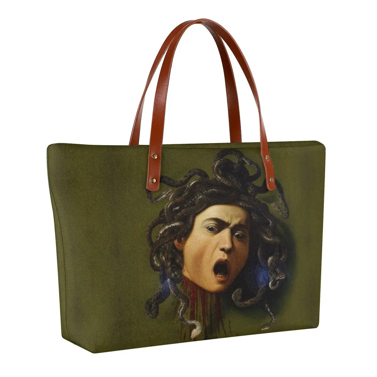 Double-sided art print Medusa tote bag showing Caravaggio's iconic painting