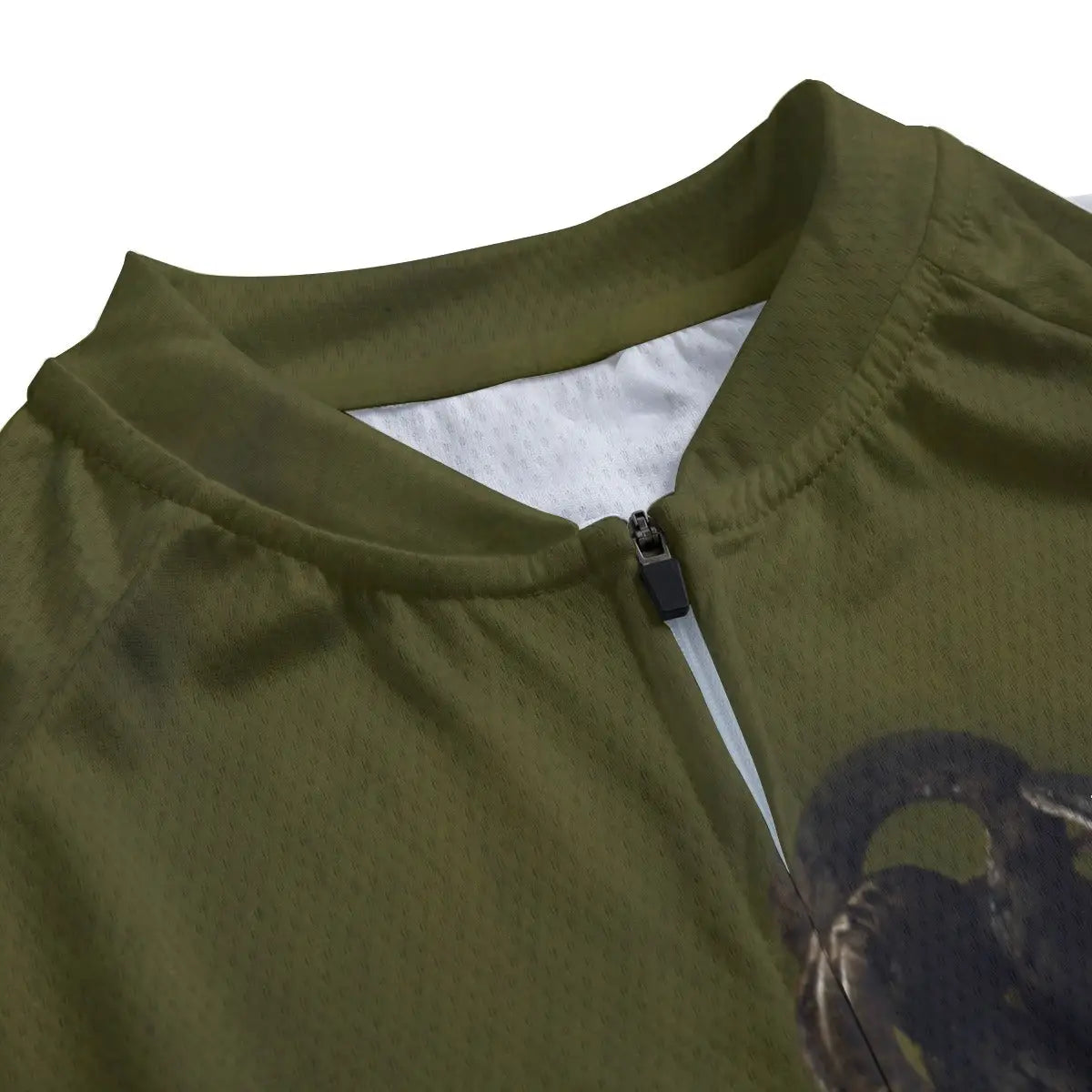 Detailed view of Caravaggio's horrified Gorgon face and writhing snakes reproduced on women's cycling jersey