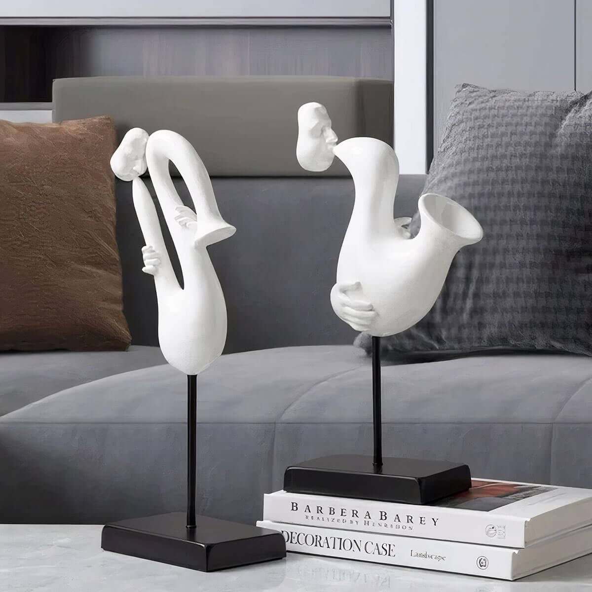 Double bass player statue in white ceramic capturing musical movement