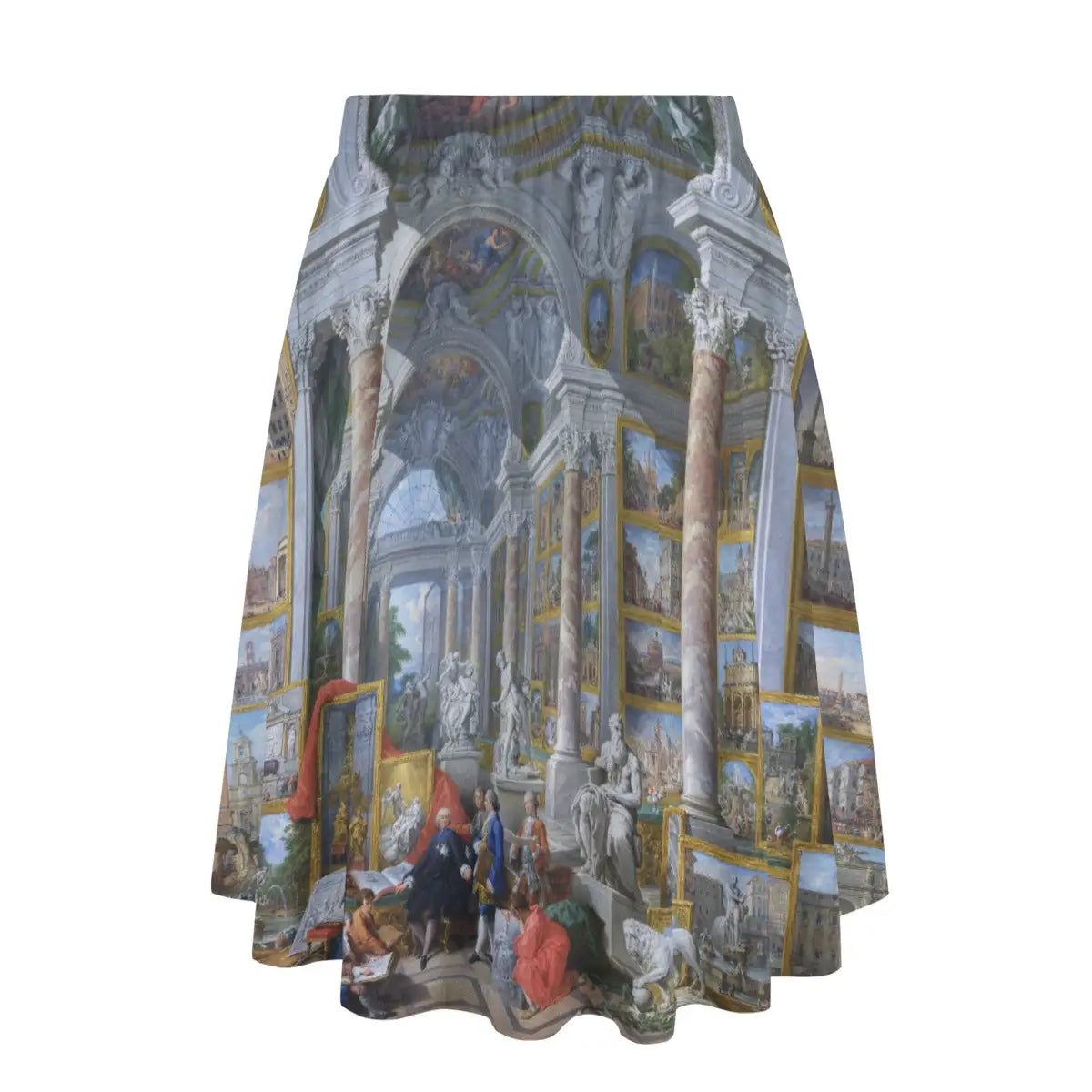 Woman wearing Giovanni Paolo Panini's Modern Rome long maxi skirt showing detailed architectural print