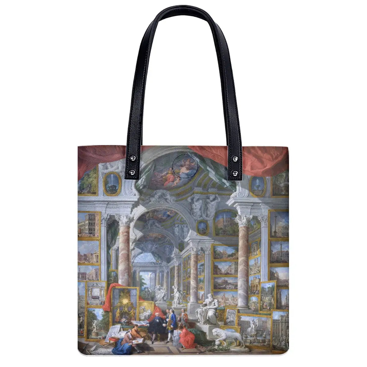 Black waterproof art shoulder bag with Giovanni Paolo Panini's Modern Rome print, L size 40x40cm