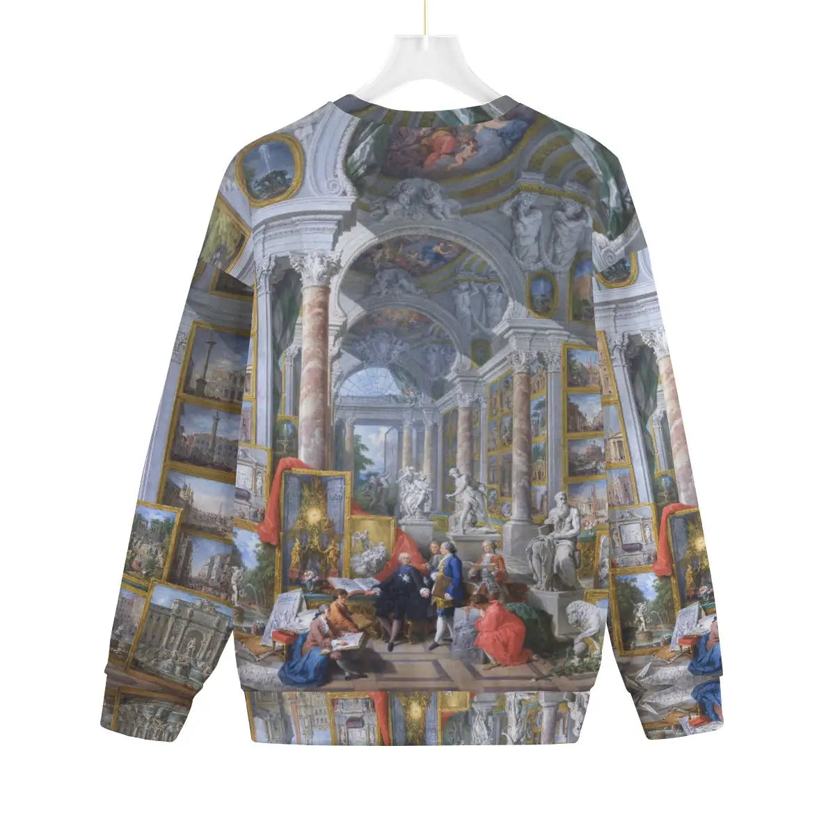 Back view of artistic sweater featuring Giovanni Paolo Panini's Modern Rome painting