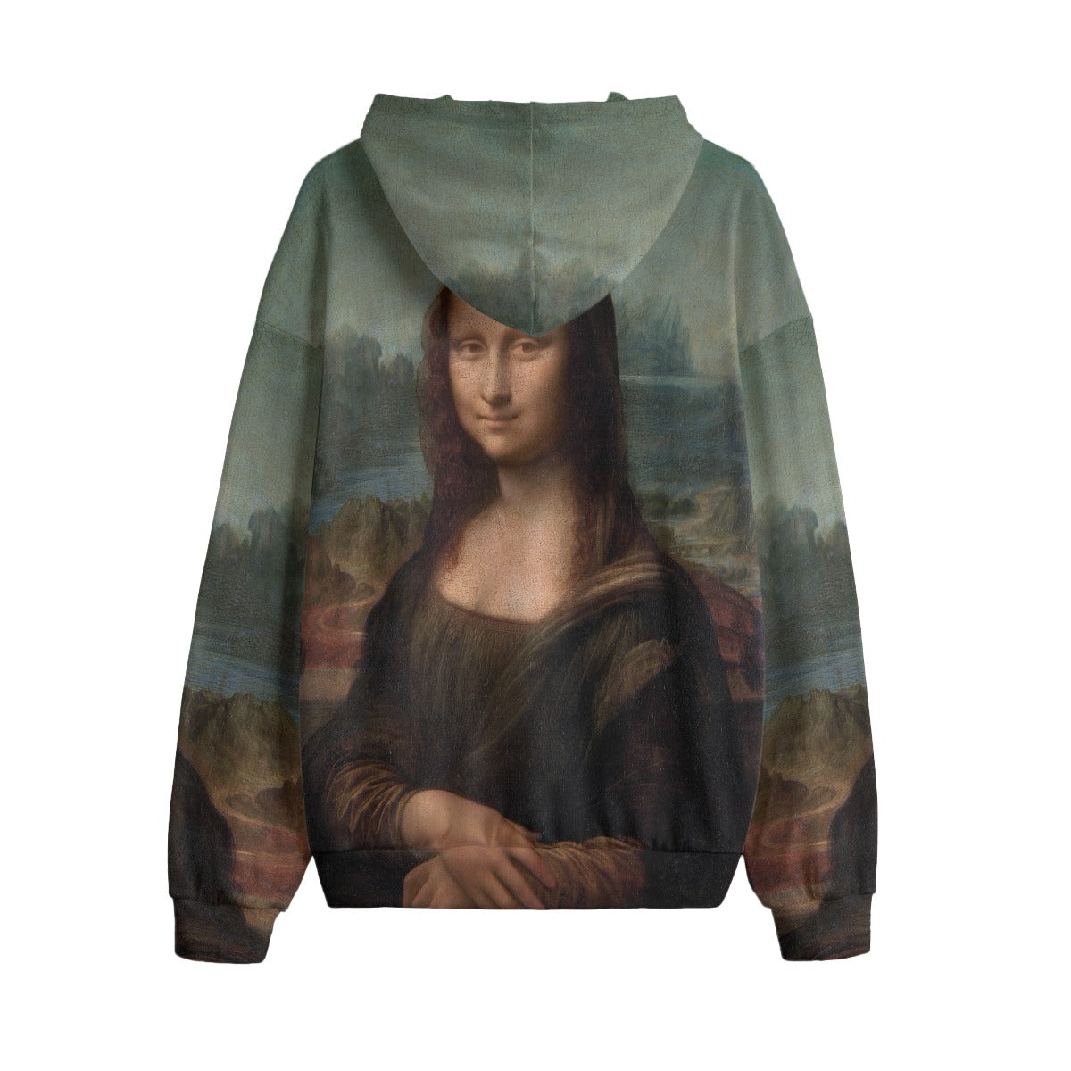 Detailed view of Mona Lisa's enigmatic smile on art-inspired hoodie