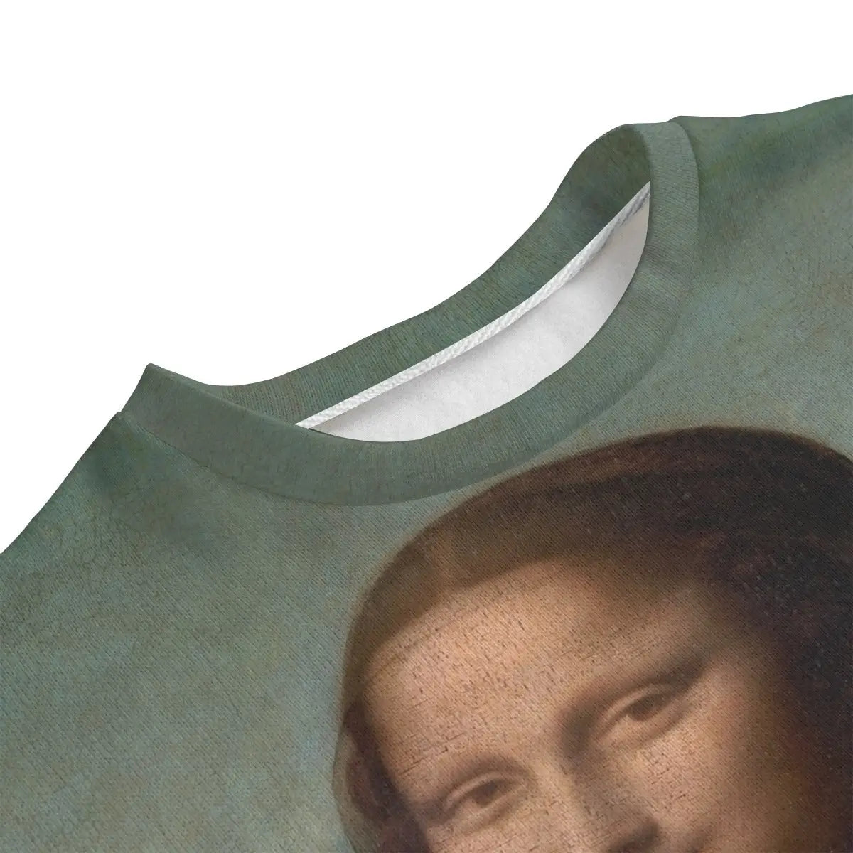 Close-up of Mona Lisa portrait detail on premium Hacci Fleece material