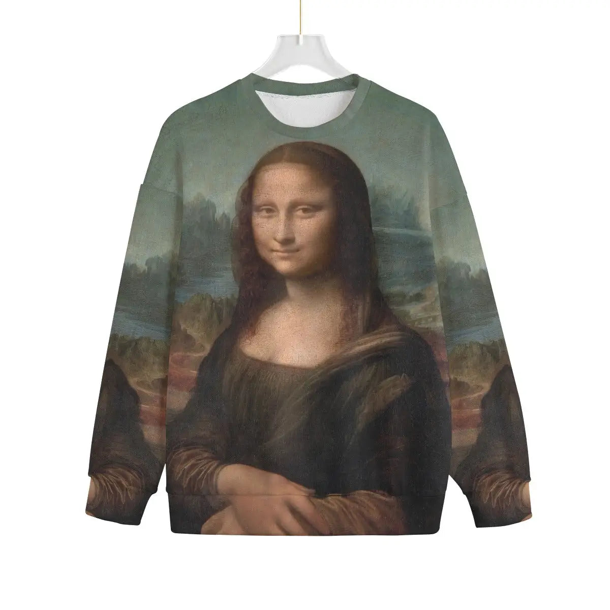 Front view of Mona Lisa Sweater featuring high-definition Renaissance art print