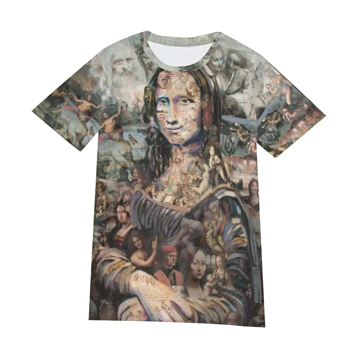 Front view of unisex Renaissance art T-shirt displaying the complete composition of Da Vinci's Mona Lisa, with its perfect balance of intimate portraiture and atmospheric background creating a sophisticated visual statement