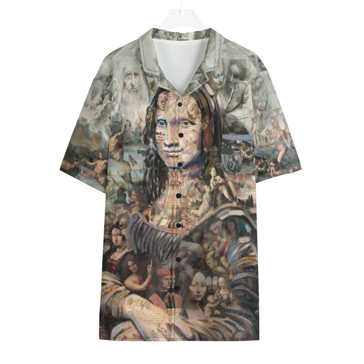 Leonardo da Vinci's Mona Lisa on vibrant Hawaiian shirt