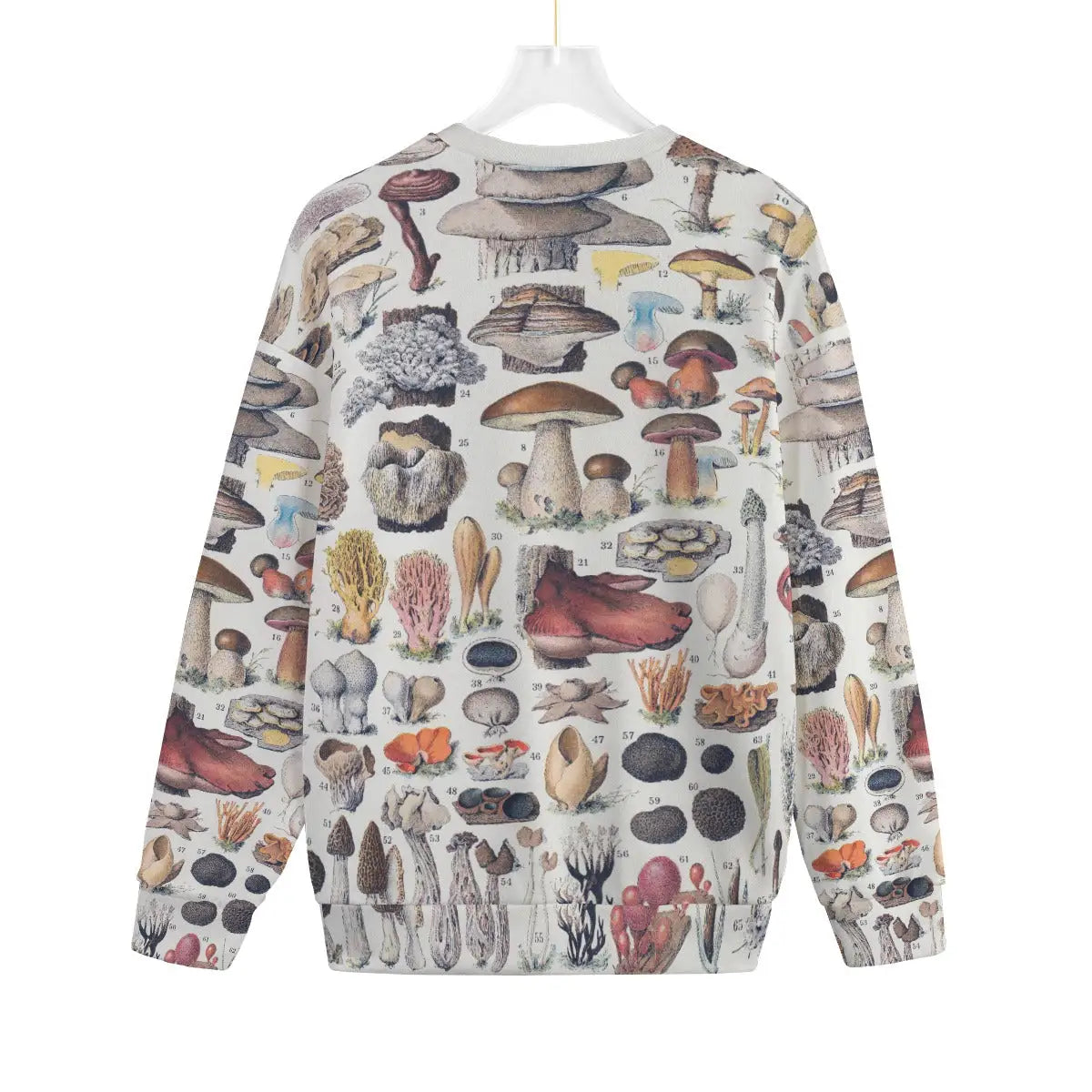 Back view of Botanical Art Sweater featuring scientific mushroom species illustrations in natural colors