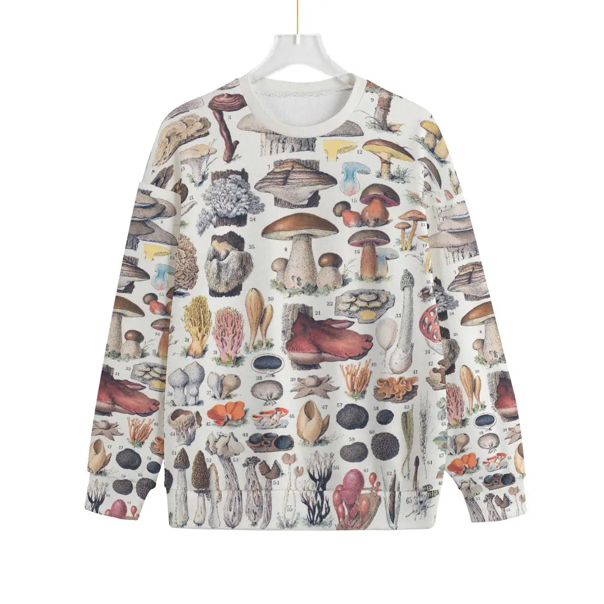 Mushroom Types Sweater displaying detailed botanical illustrations of edible mushrooms