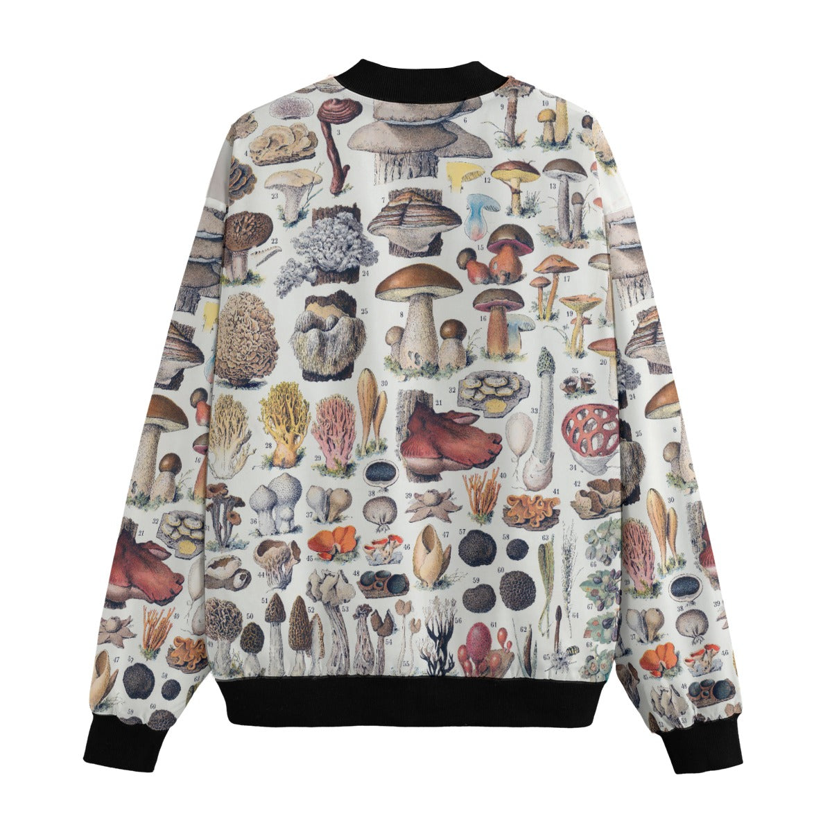 Detailed view of vintage mushroom illustrations on artistic bomber jacket, showing intricate botanical drawings