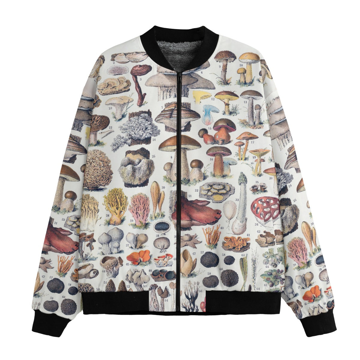 Mushrooms Types Jacket with vintage botanical fungi pattern on recycled polyester bomber, front view