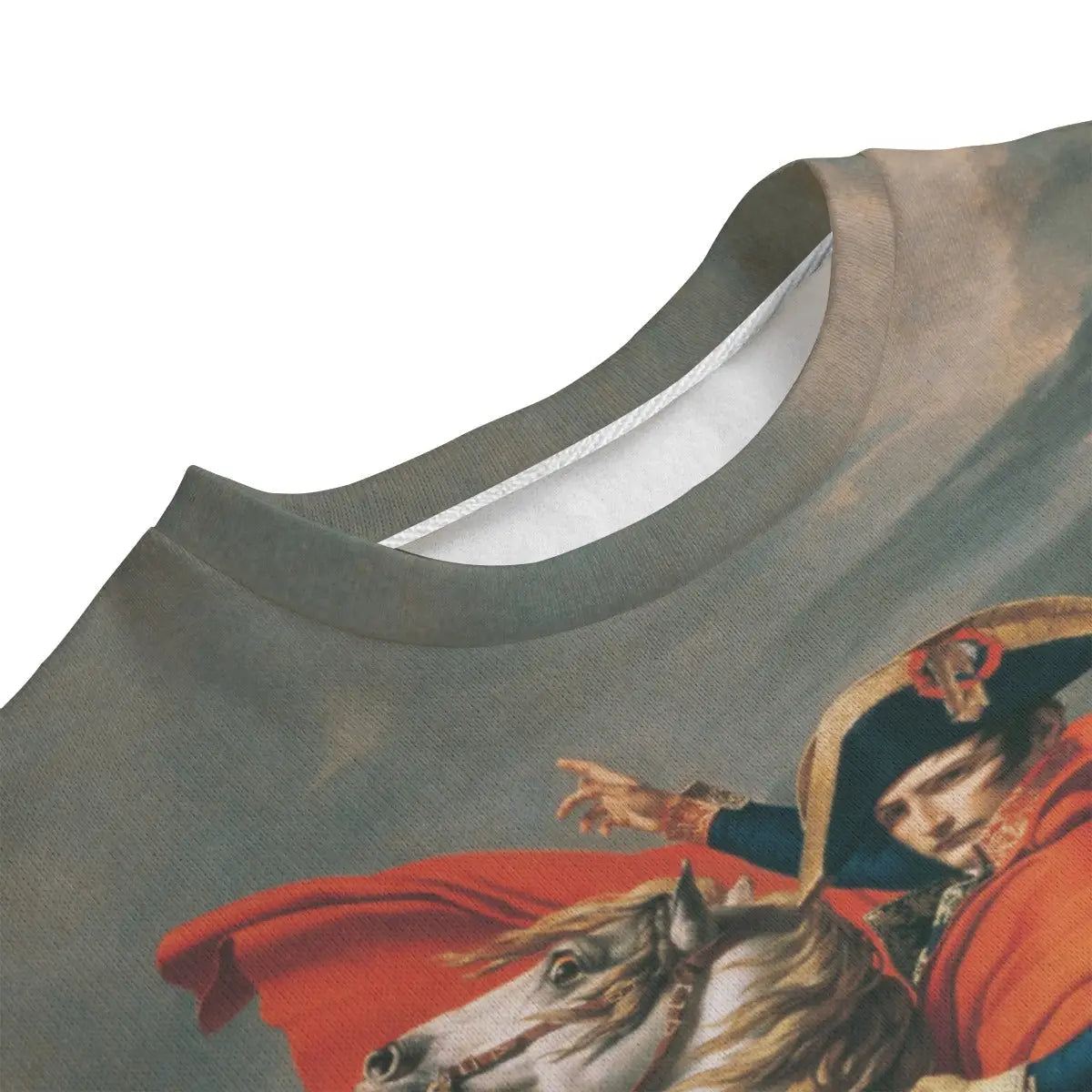 High-quality print detail of Napoleon's face and uniform from Jacques-Louis David artwork on sustainable fleece