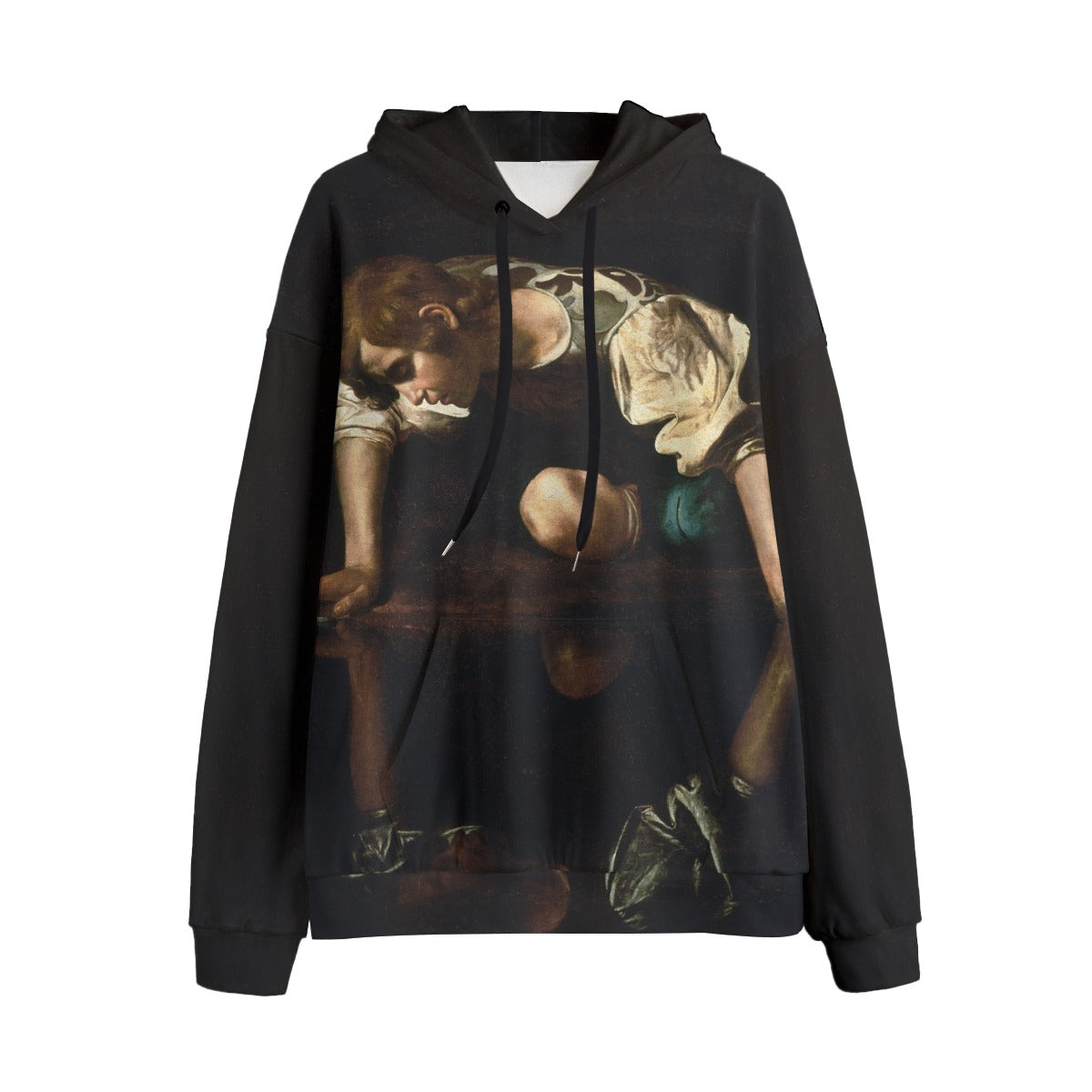 Narcissus by Caravaggio Hoodie featuring the famous Renaissance painting on premium black fleece