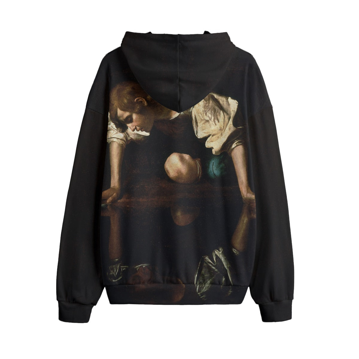 Rear view of Narcissus by Caravaggio Hoodie, displaying full artwork across the back