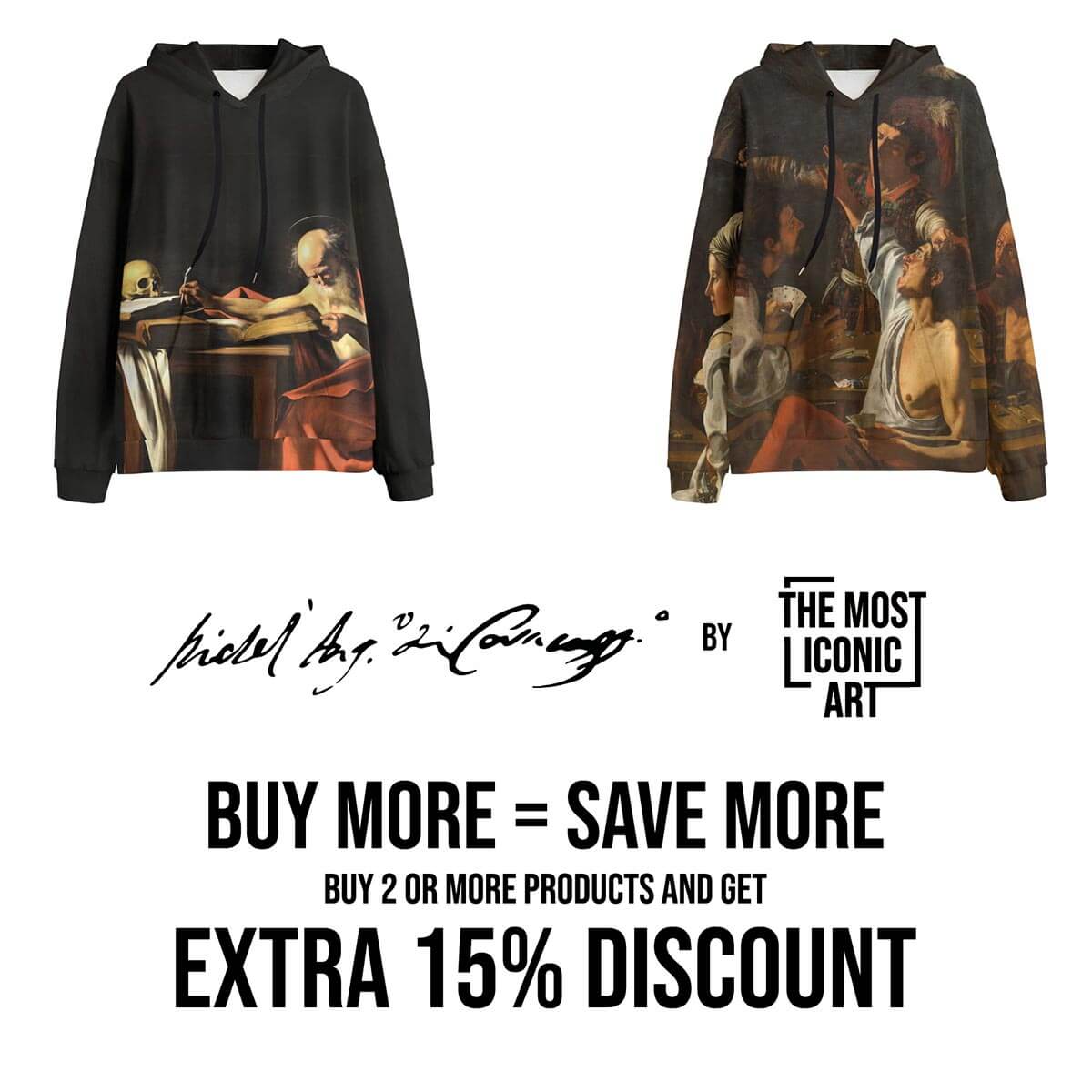 Artistic hoodie with Caravaggio's revolutionary realism printed across entire surface