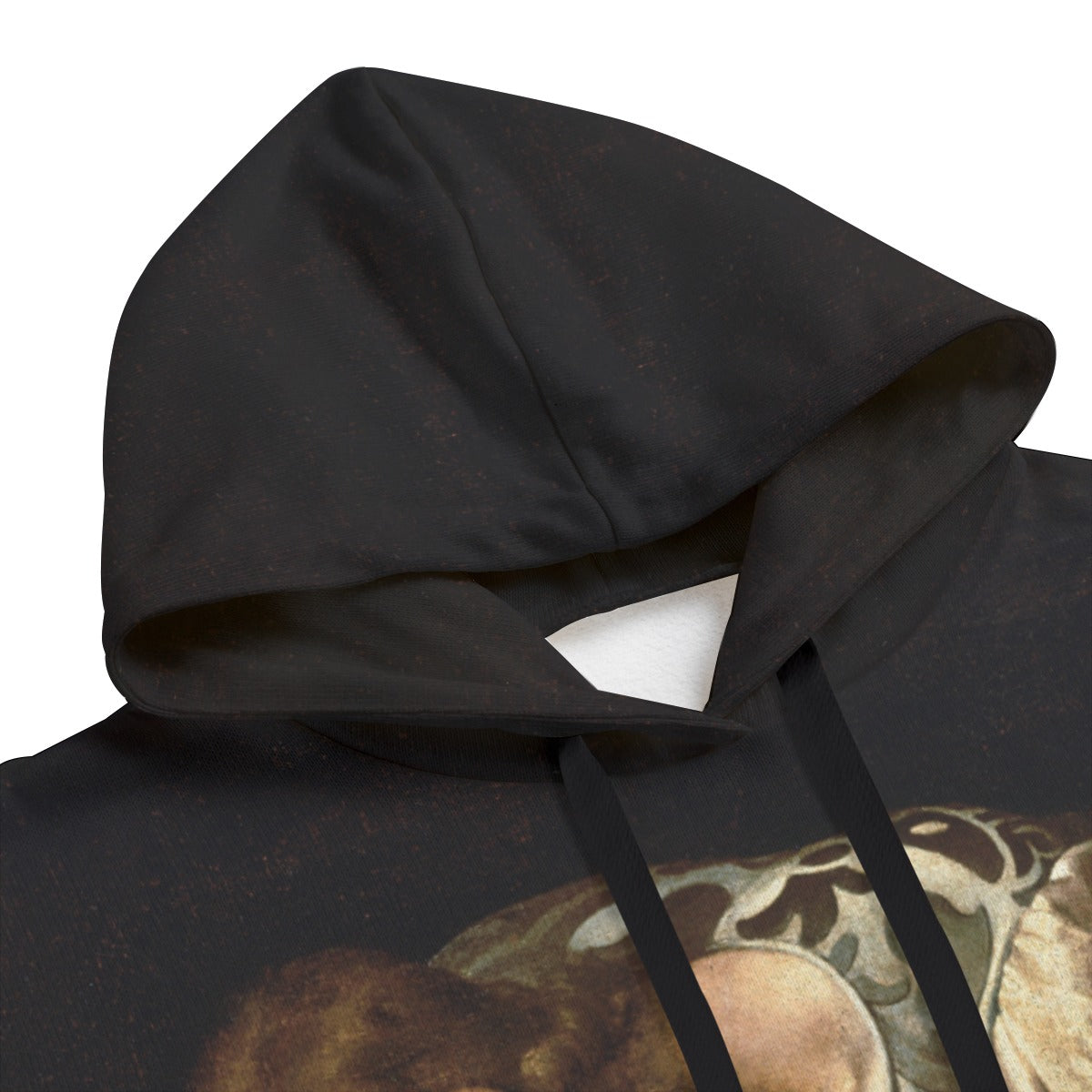 Detailed view of Caravaggio's Narcissus painting printed on high-quality hoodie fabric