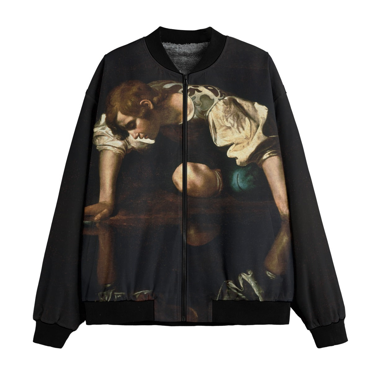 Narcissus by Caravaggio Bomber Jacket front view showing complete renaissance painting on luxury fabric