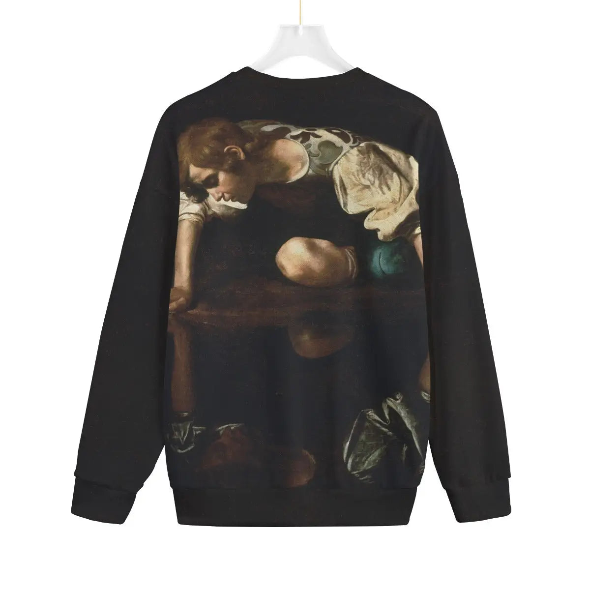 Back view of Narcissus by Caravaggio Sweater displaying art print continuation