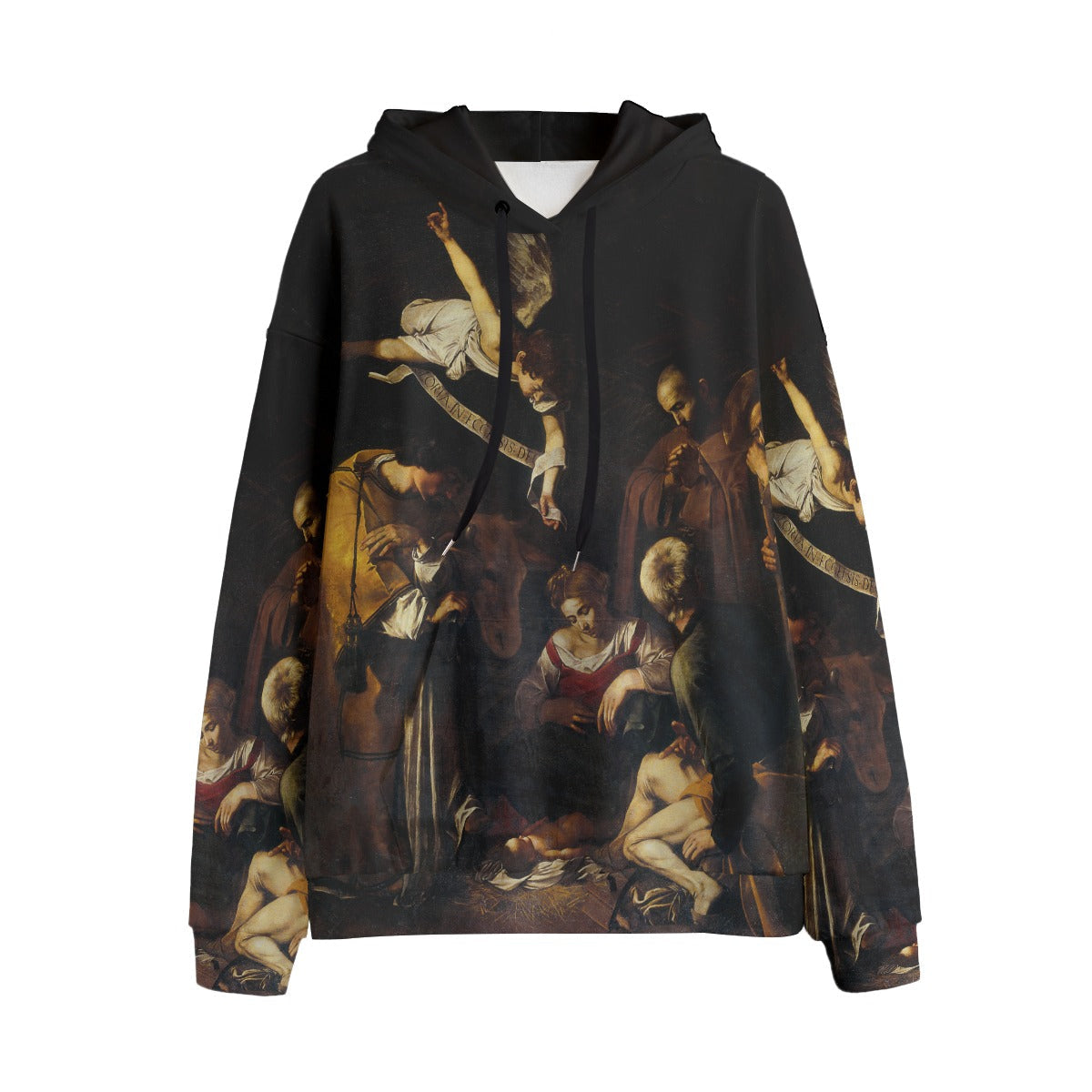 Caravaggio Nativity hoodie featuring Saint Francis and Saint Lawrence