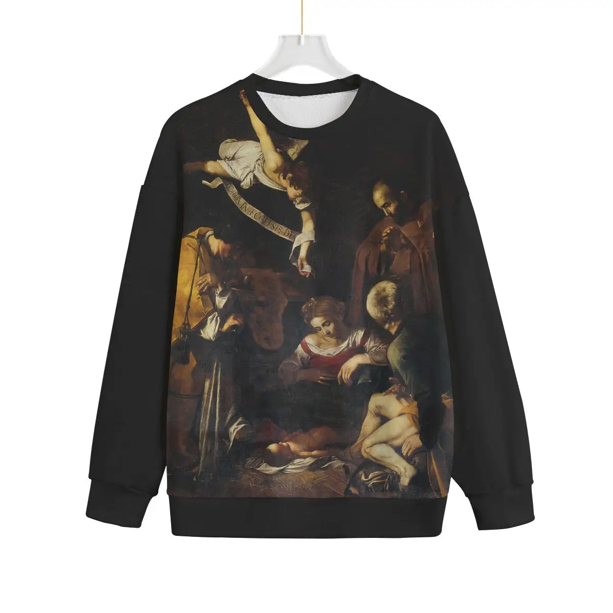 Caravaggio's Nativity scene on eco-friendly fleece sweater showing Saints Francis and Lawrence