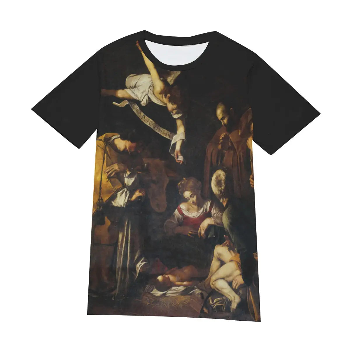 Front view of unisex Baroque art T-shirt displaying the complete composition of Caravaggio's Nativity with Saint Francis and Saint Lawrence, with its radical naturalism and emotional depth creating a profound religious statement through artistic innovation.