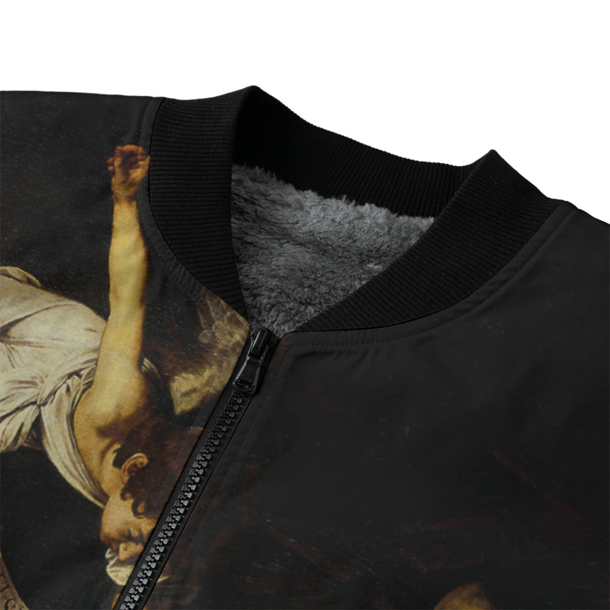 Close-up of Caravaggio's St. Francis figure on recycled polyester bomber jacket sleeve detail