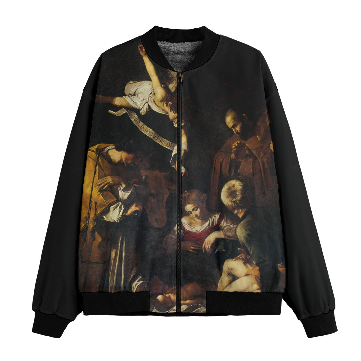 Nativity with St. Francis and St. Lawrence by Caravaggio Bomber Jacket front view showcasing the complete masterpiece reproduction