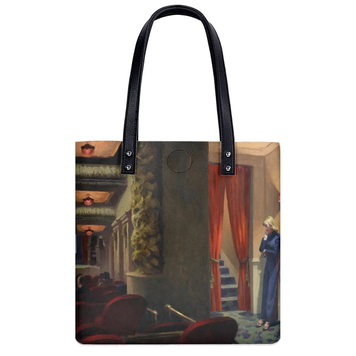 Close-up of New York Movie theater scene print on designer shoulder bag showing usherette in blue uniform