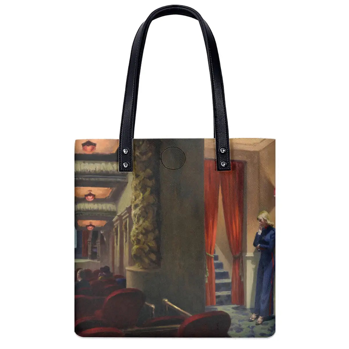 Edward Hopper New York Movie Shoulder Bag in black with double-sided art print showing 1939 theater scene