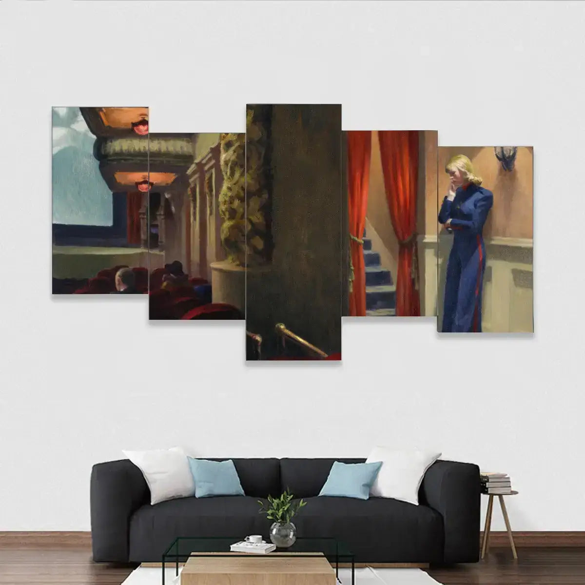 Edward Hopper New York Movie 5-piece canvas set displaying theater scene with usherette