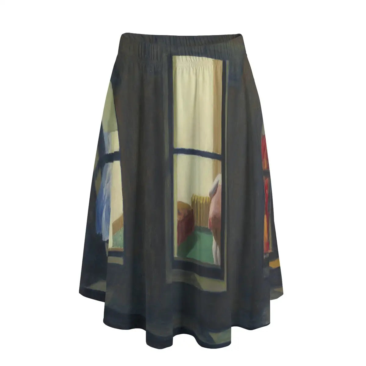 Woman wearing Edward Hopper's Night Windows long maxi skirt showing the enigmatic nocturnal scene against simple black blouse