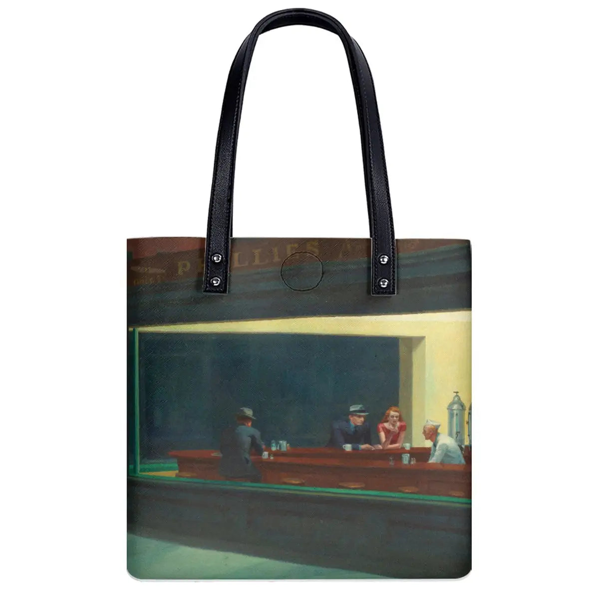 Black waterproof PU material and zipper detail of Nighthawks art shoulder bag