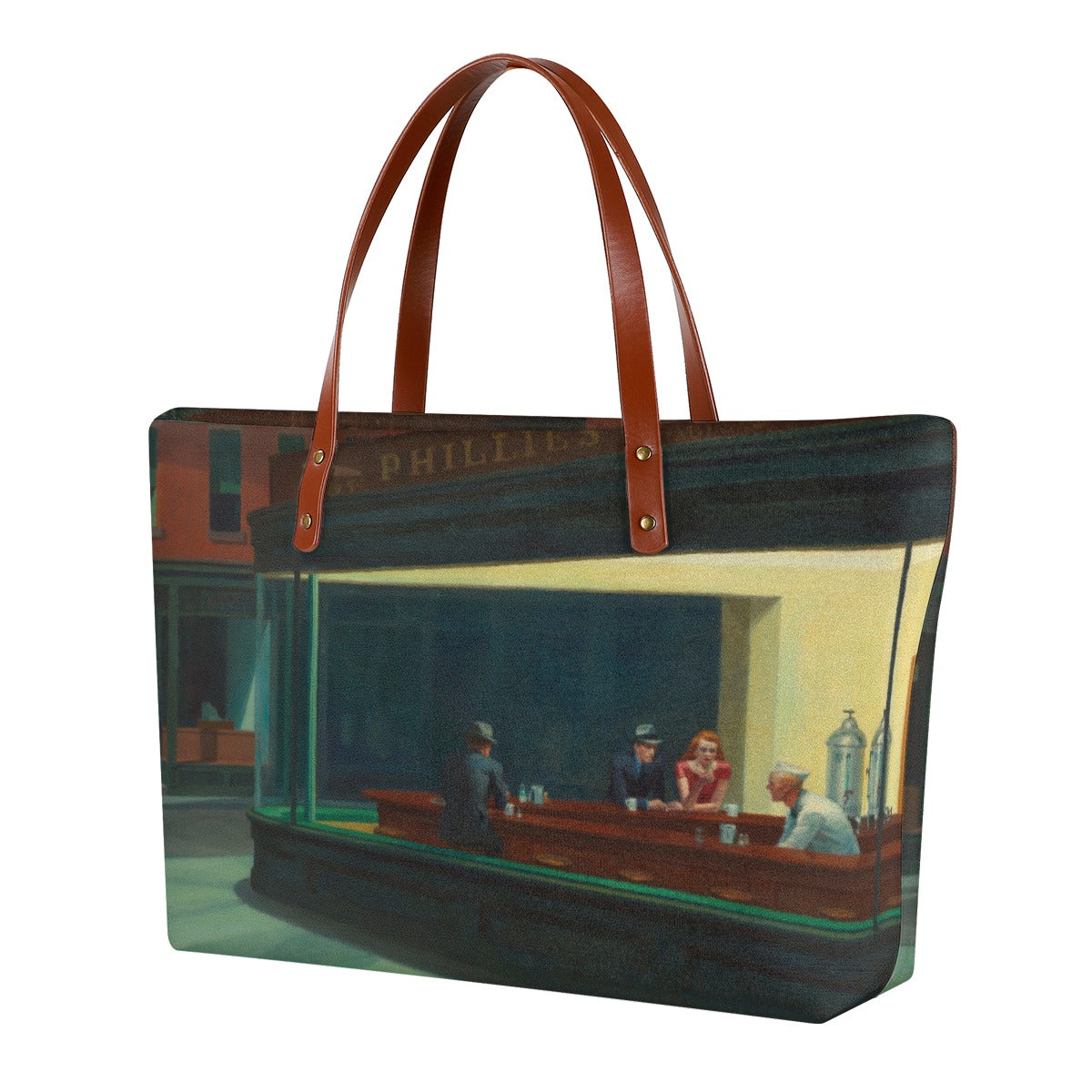 Nighthawks by Edward Hopper waterproof tote bag with black zipper and brown strap