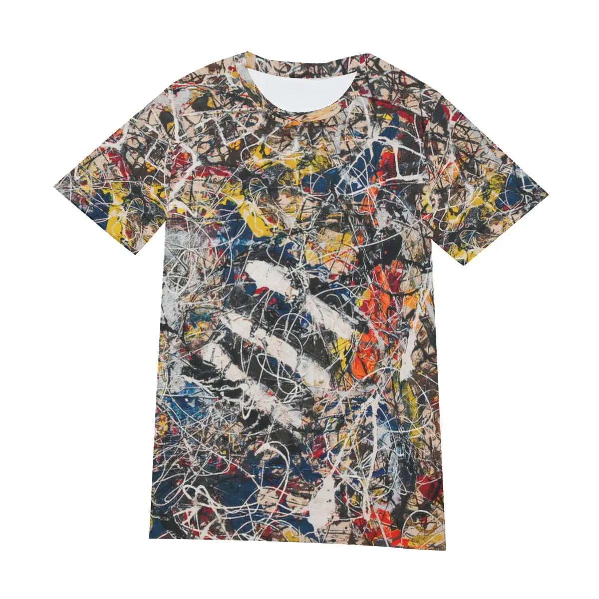 Front view of unisex abstract expressionist T-shirt displaying the complete composition of Pollock's Number 17A, with its explosive energy and rhythmic patterns creating a bold visual statement