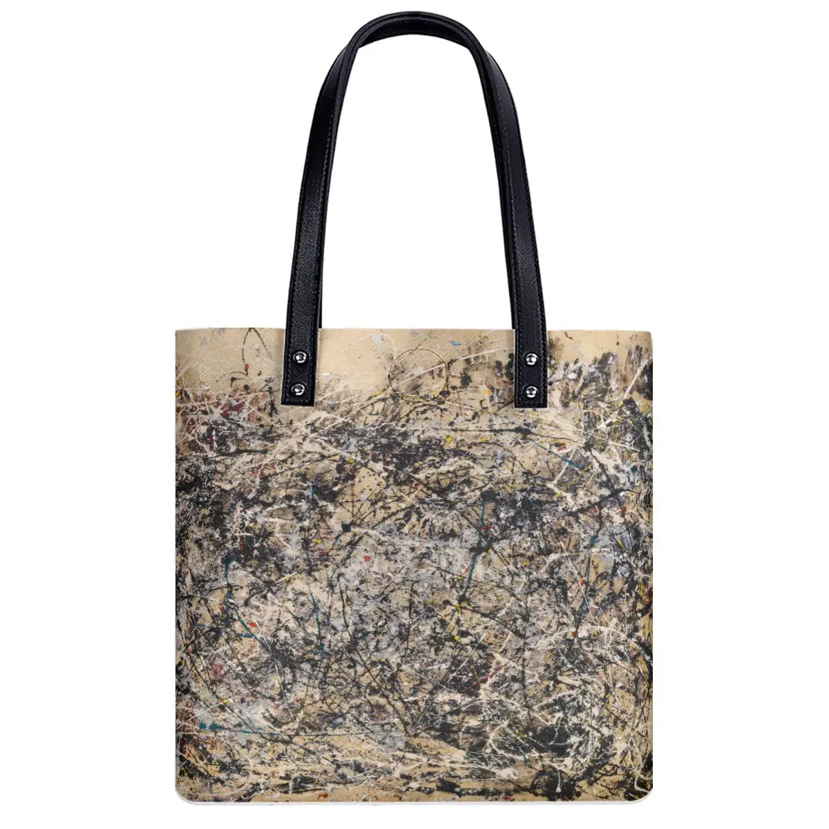 Back view of Pollock art tote bag displaying Number 1A abstract print on black PU leather