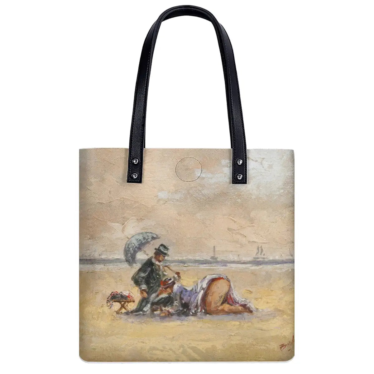 Side view of Paulette Bardy beach painting shoulder bag showing black strap