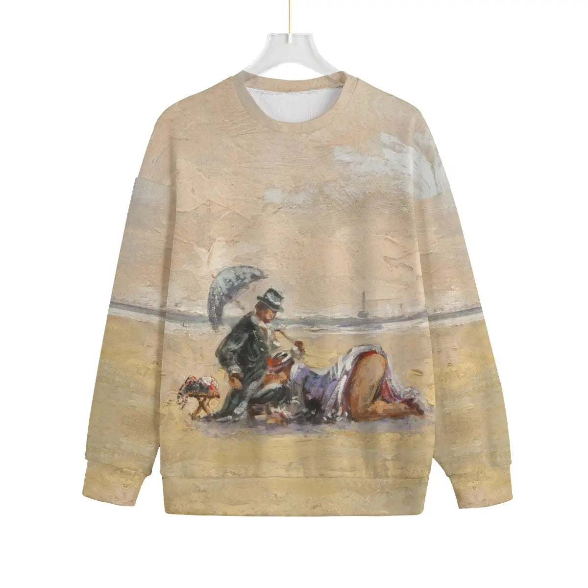 Front view of Paulette Bardy beach scene art sweater displaying complete impressionist painting