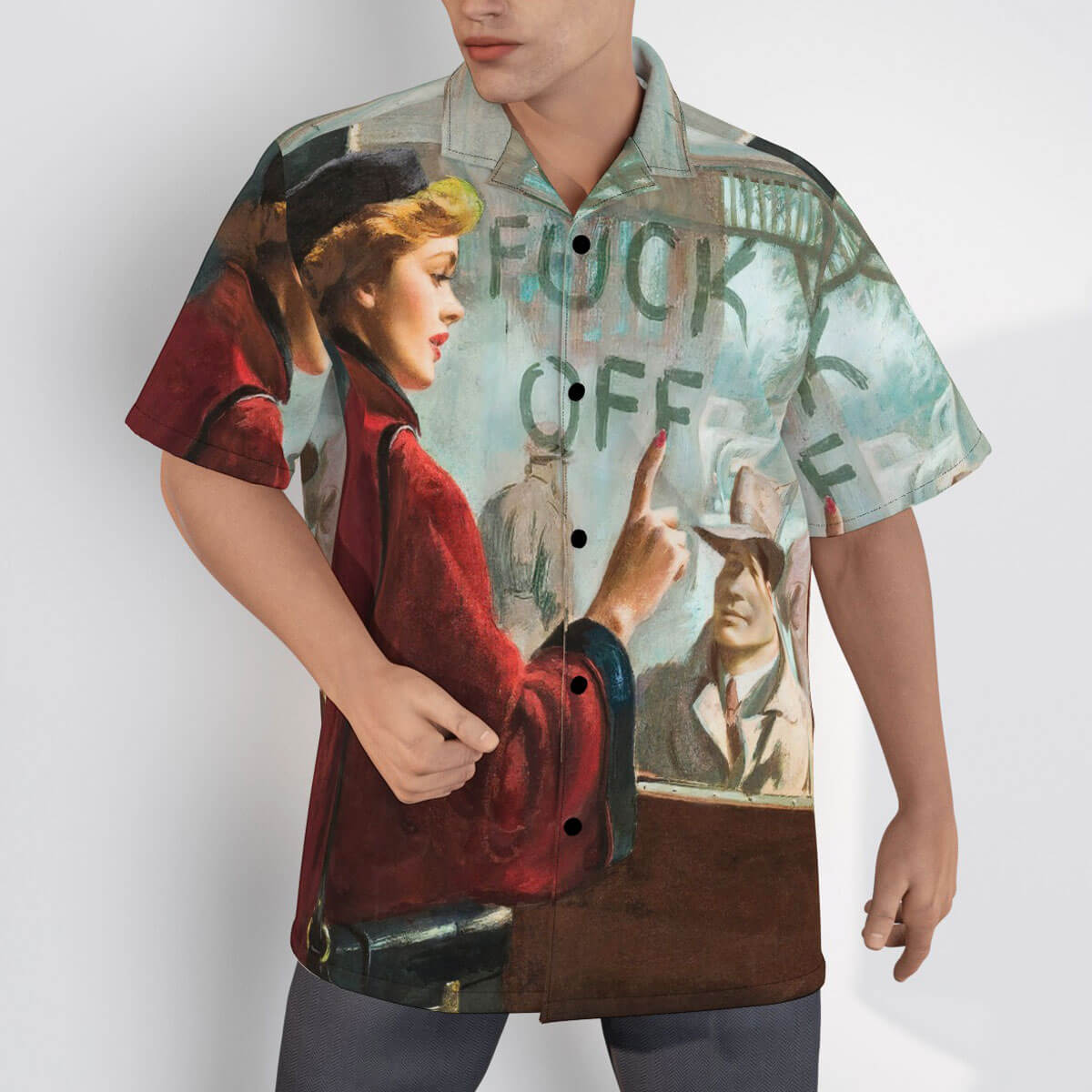 1950s kitsch art reproduced with a twist on stylish Hawaiian shirt