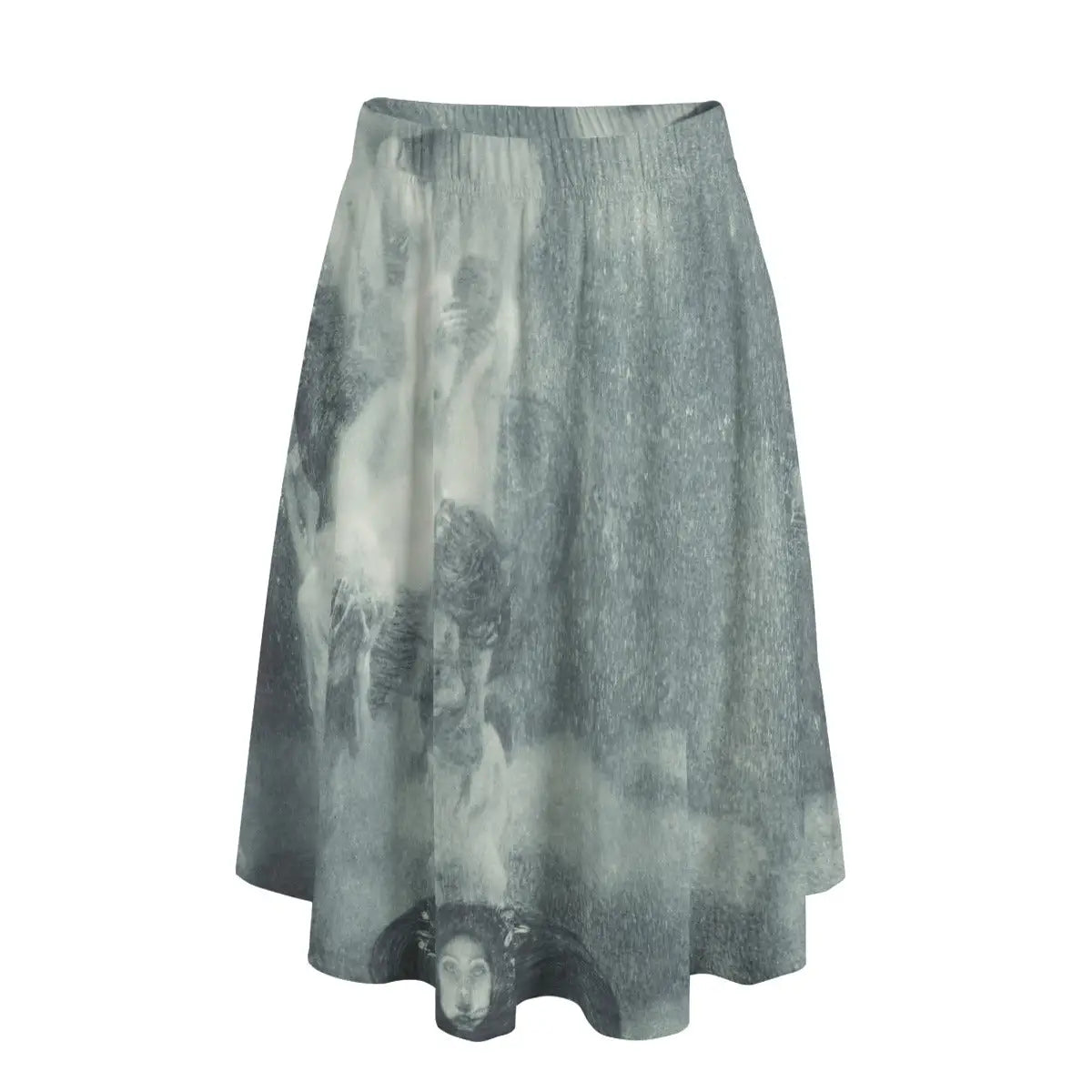 Woman wearing Gustav Klimt's Philosophy long maxi skirt showing the mysterious allegorical scene against simple midnight blue blouse