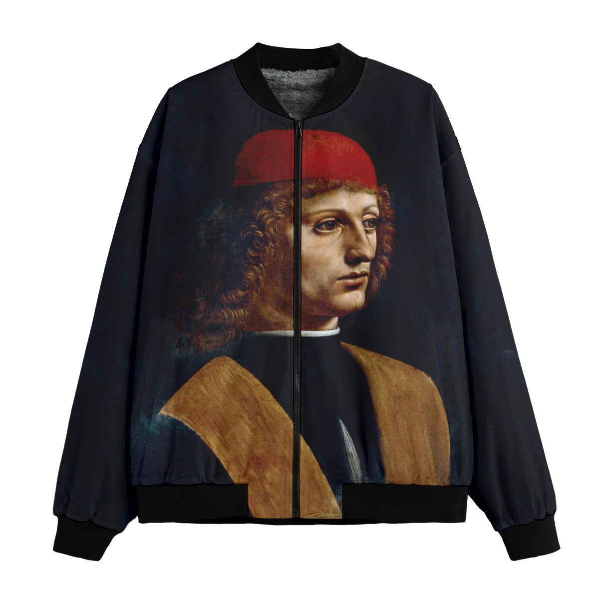 Portrait of a Musician by Da Vinci bomber jacket featuring Renaissance masterpiece on recycled polyester