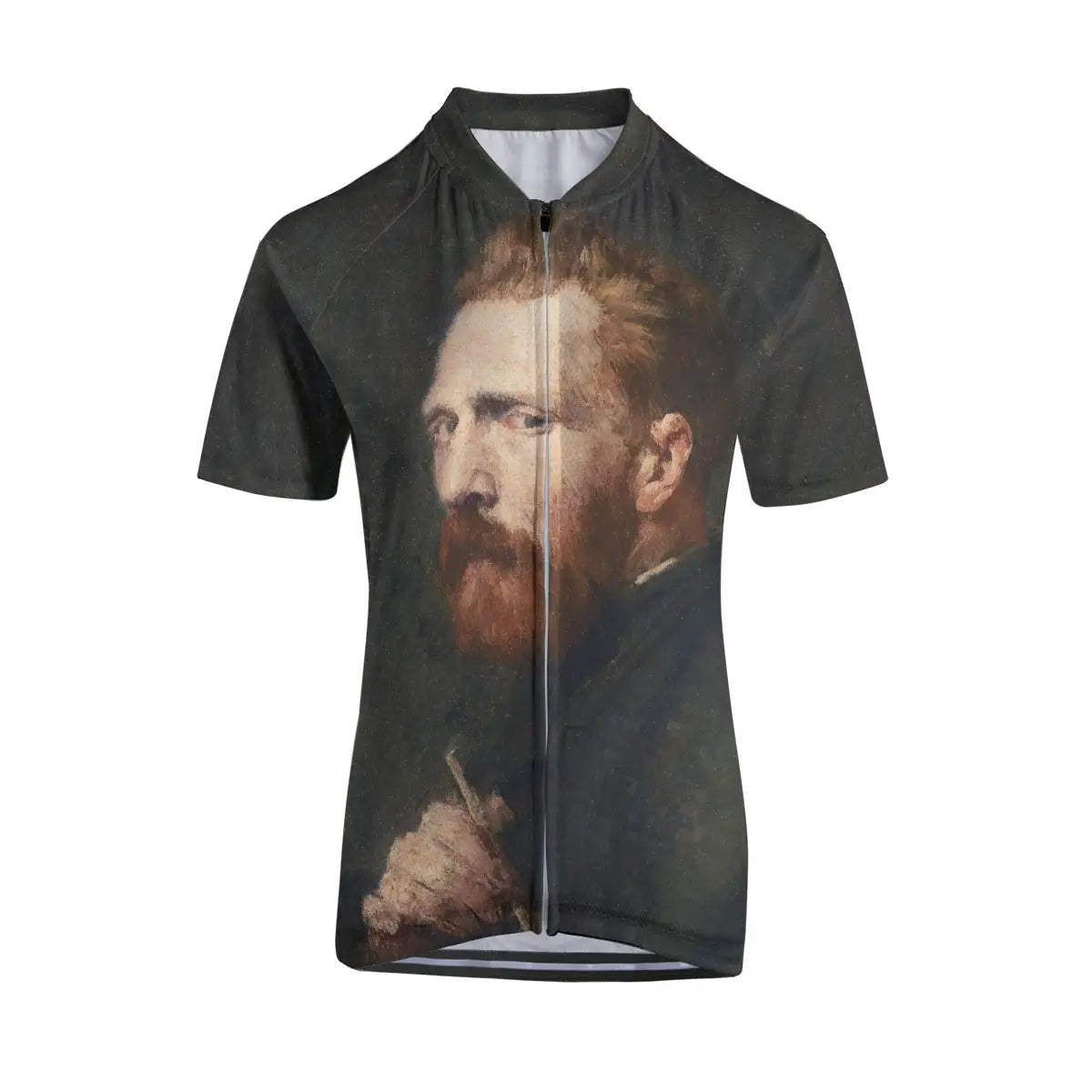 Woman cyclist showcasing Vincent van Gogh portrait jersey while riding along scenic mountain route