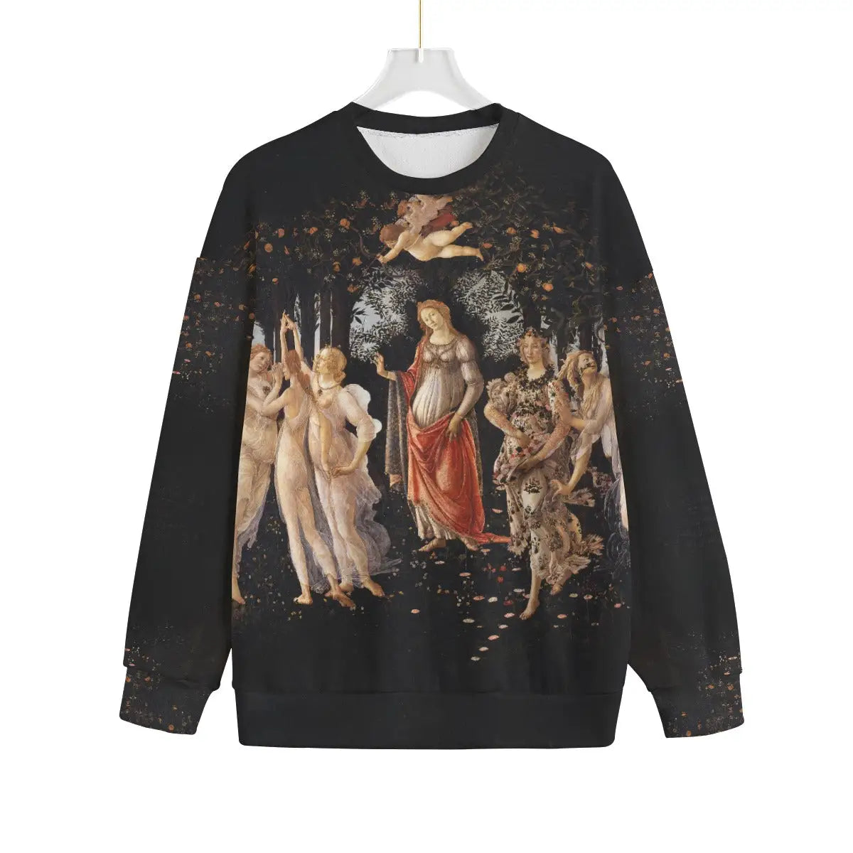 La Primavera Sweater showing full Renaissance painting by Botticelli on eco-friendly fleece