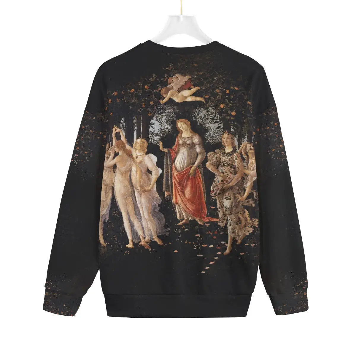 Back view of La Primavera art sweater displaying complete Spring scene by Botticelli