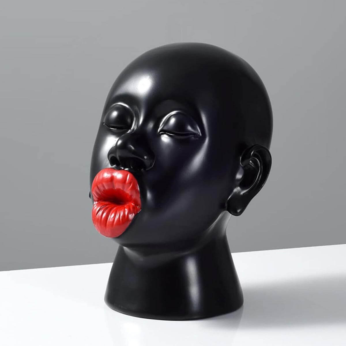 Red Lips Female Sculpture in black, 21x24x28cm modern art piece for home decor