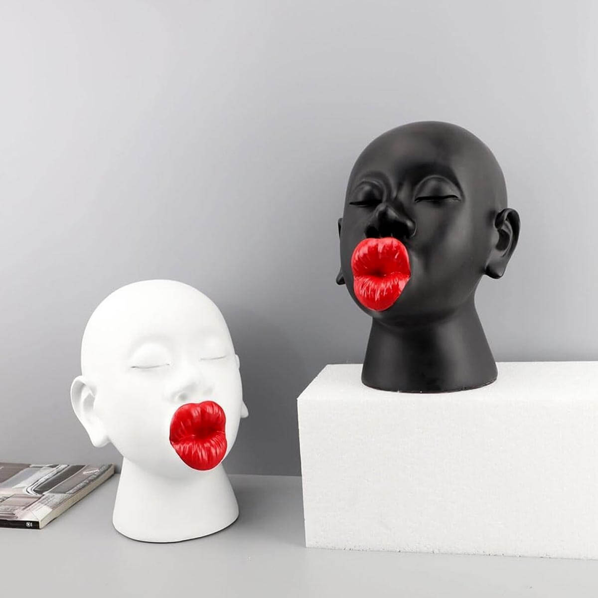 Black Red Lips Sculpture on office desk, showcasing its use as sophisticated desk decor