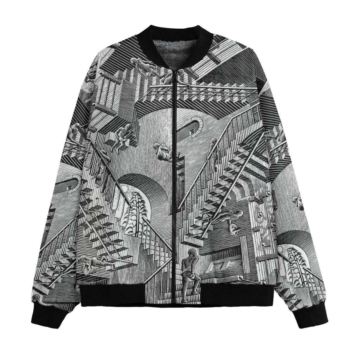 Relativity by M.C. Escher Bomber Jacket front view showing detailed geometric staircase print