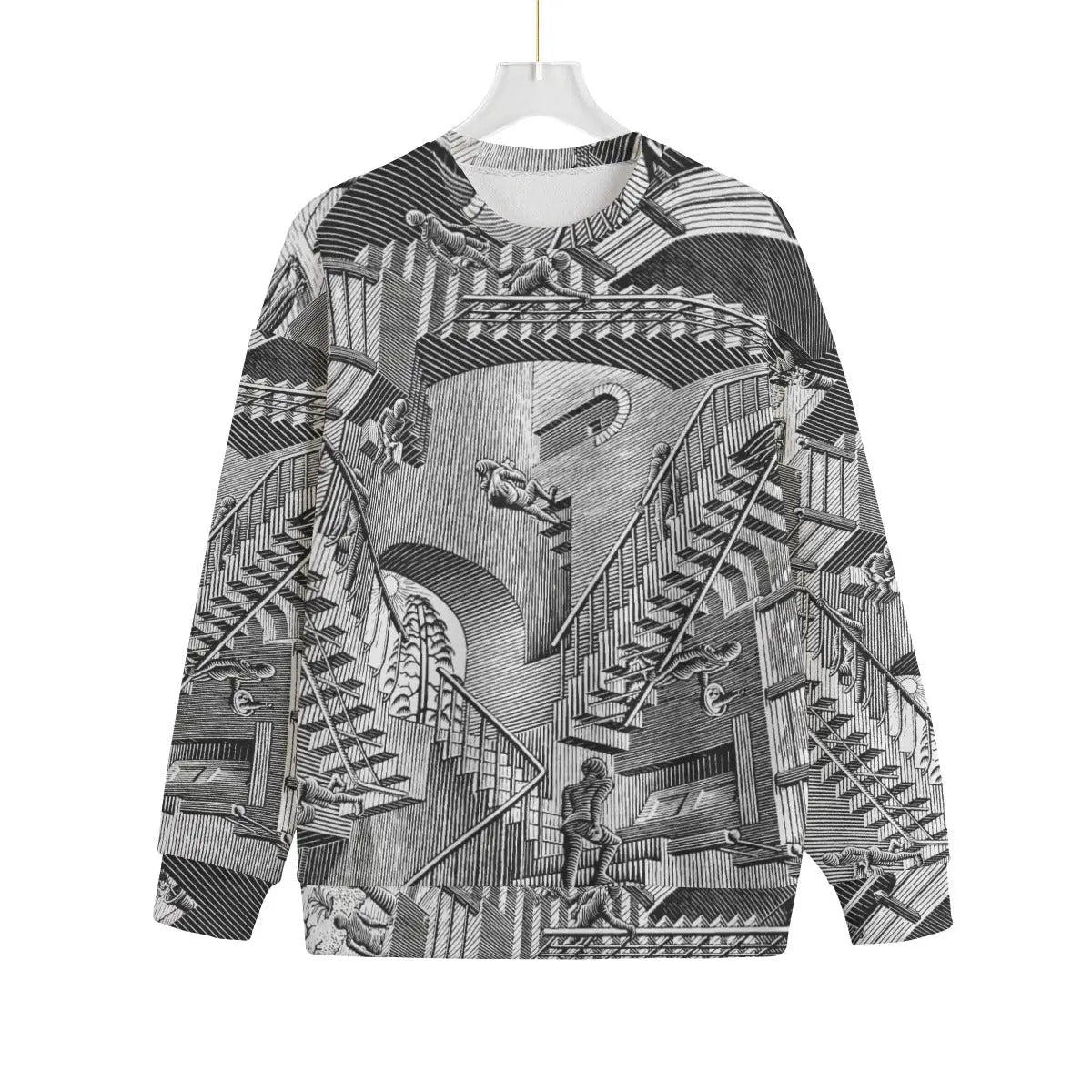 Front view of M.C. Escher Relativity Sweater displaying complete optical illusion artwork