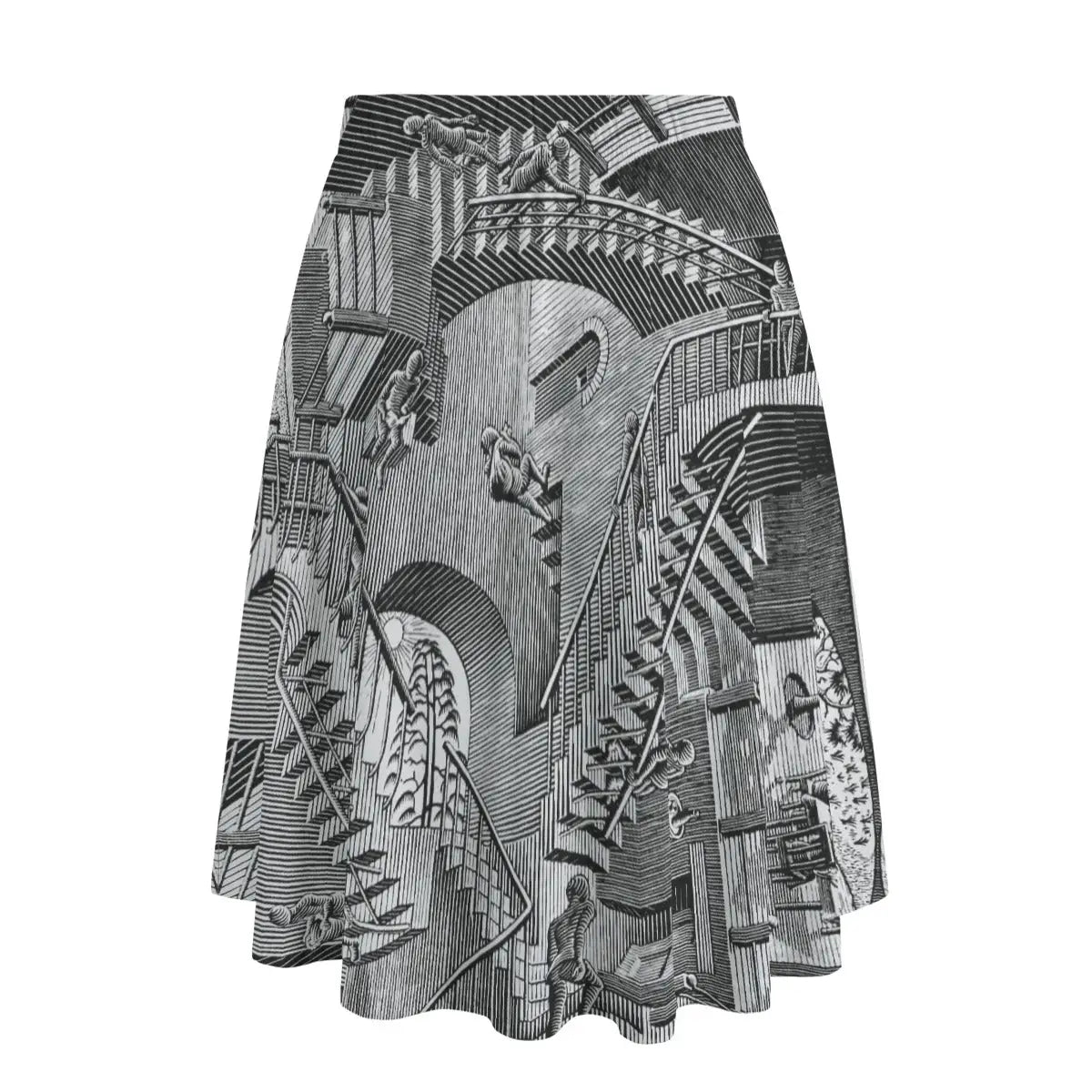 Back view of mathematics-inspired maxi skirt showing how the optical illusion wraps completely around the garment